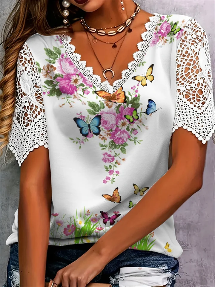 Women's Fashion Lace Colorful Flower Butterfly Floral Print Short Sleeve T-shirt