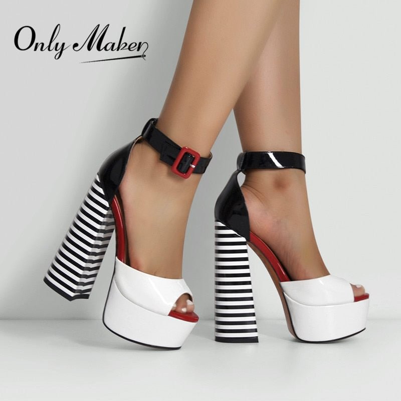 Onlymaker Women's Sandals Platform Peep Toe Chunky Square Heels Ankle Strap Sandals Black And White Stripes Party Fashion Shoes