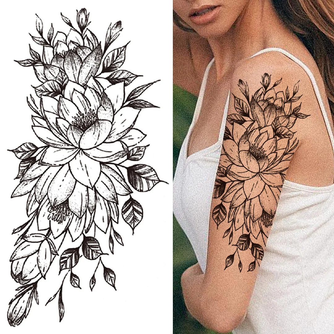 Sdrawing Flower Temporary Tattoos For Women Girls Black Lotus Arrow Arm Tattoo Sticker Fake Drearm Catcher Butterfly Tatoos Paste