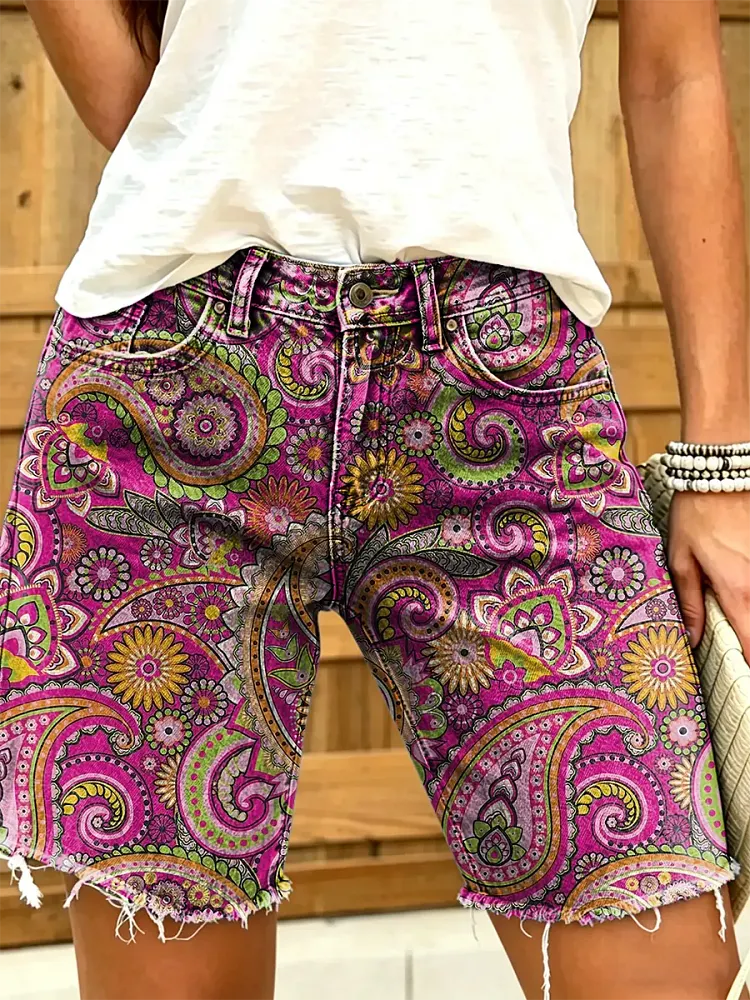 Ethnicity Geometry Totem Paisley Women's Art Print Casual Denim Shorts