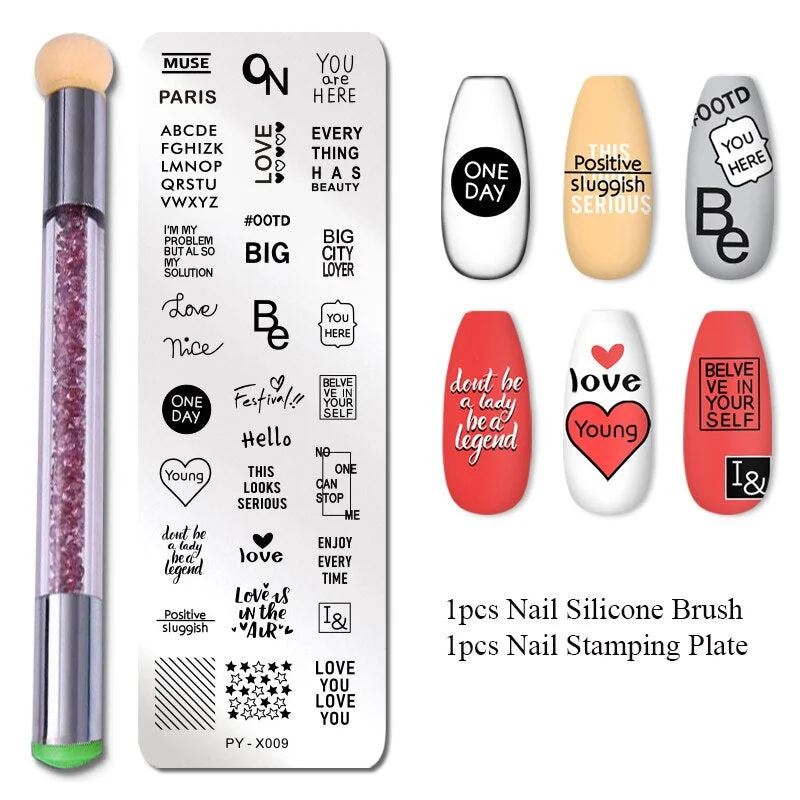 2Pcs Nail Stamping Plates Set Silicone Sponge Brush Polish Transfer Stencils Flower Geometry DIY Template for Nail Tool-Nail Inspo