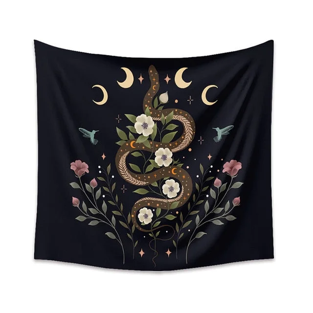 Psychedelic Snake Tapestry Moon Phase Change Flower Tapestry Wall Hanging Fabric Hippie Background Wall Cover Carpet Home Deco