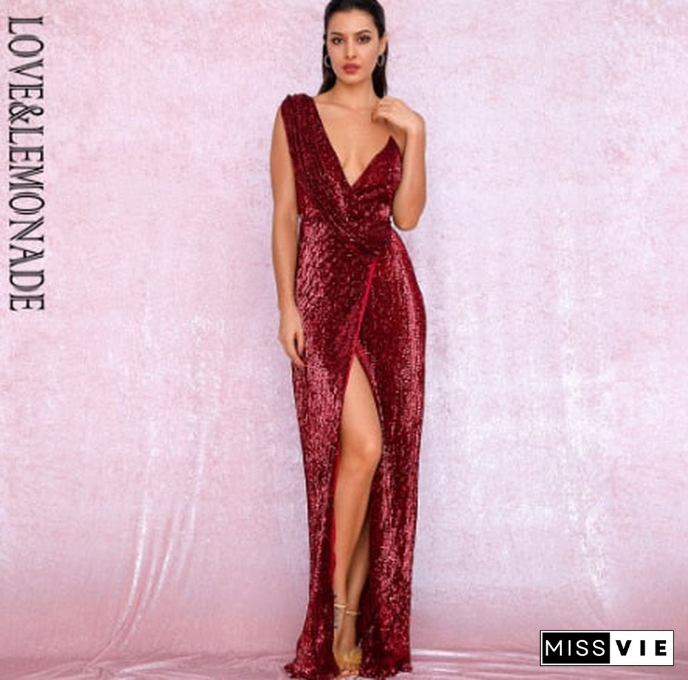Sexy Deep Red Deep V-Neck Whit Split Sequins Party Maxi Dress LM81849