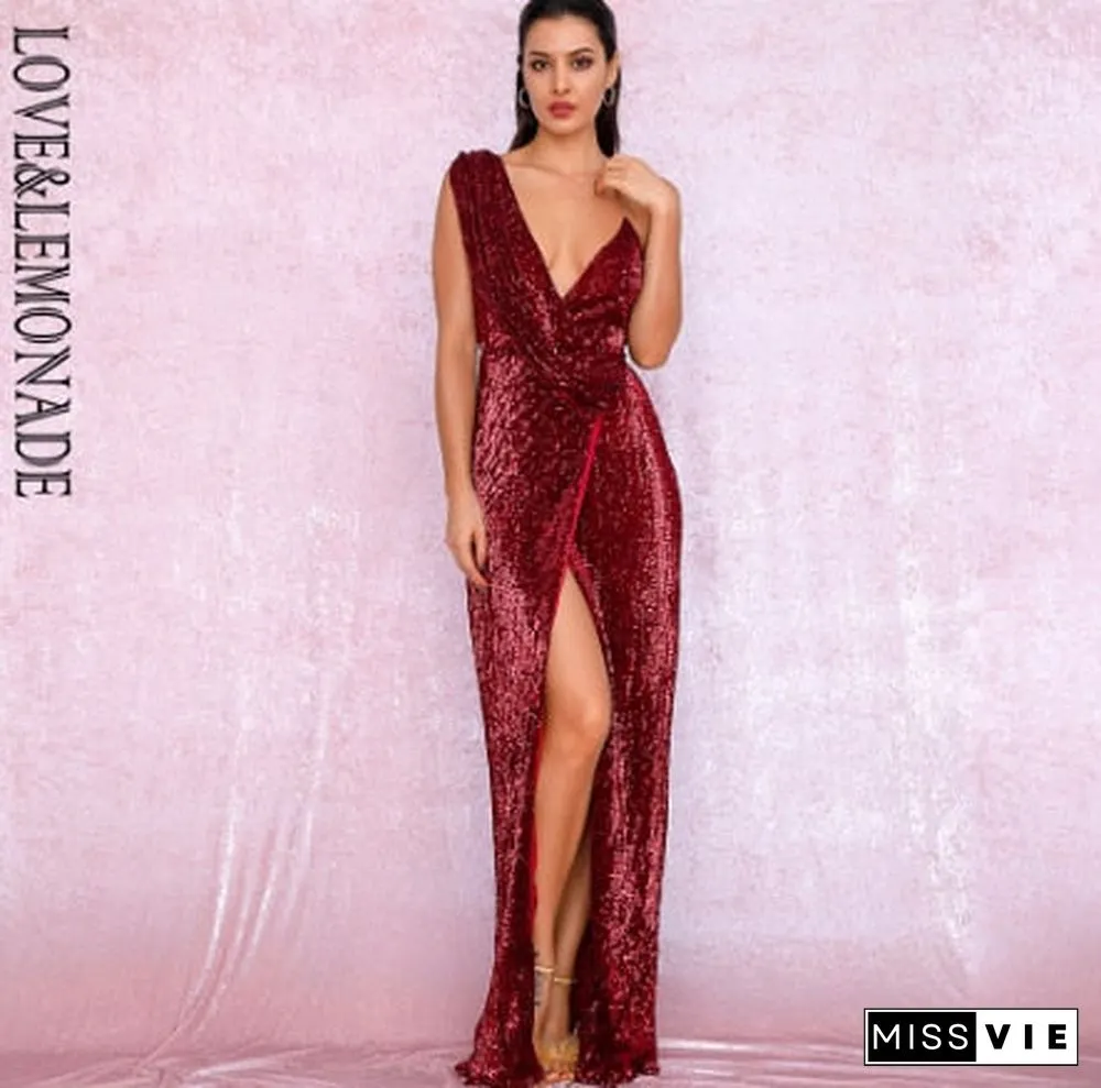 Sexy Deep Red Deep V-Neck Whit Split Sequins Party Maxi Dress LM81849