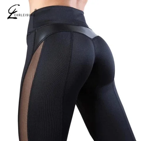 pornhint Pornhint CHRLEISURE Solid High Waist Fitness Legging Women Heart Workout Leggins Femme Fashion Mesh And PU Leather Patchwork Leggings