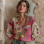 Women's Bohemian Floral Embroidery Art V-neck Contrast Color Long Sleeve Linen Blend T-shirt - Image 2