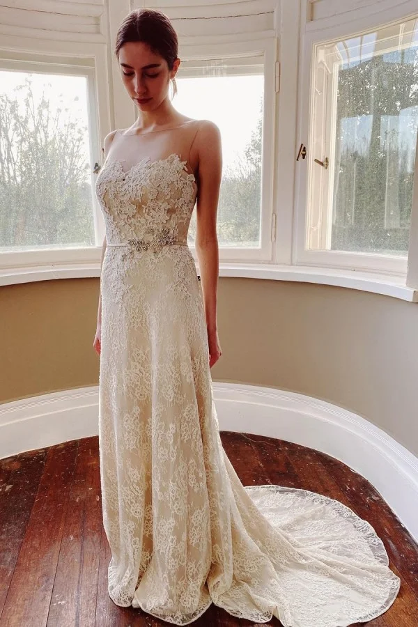 Beautiful Floor-length Pearl Mermaid  Bateau Wedding Dress With Sash Appliques Lace | Ballbellas Ballbellas