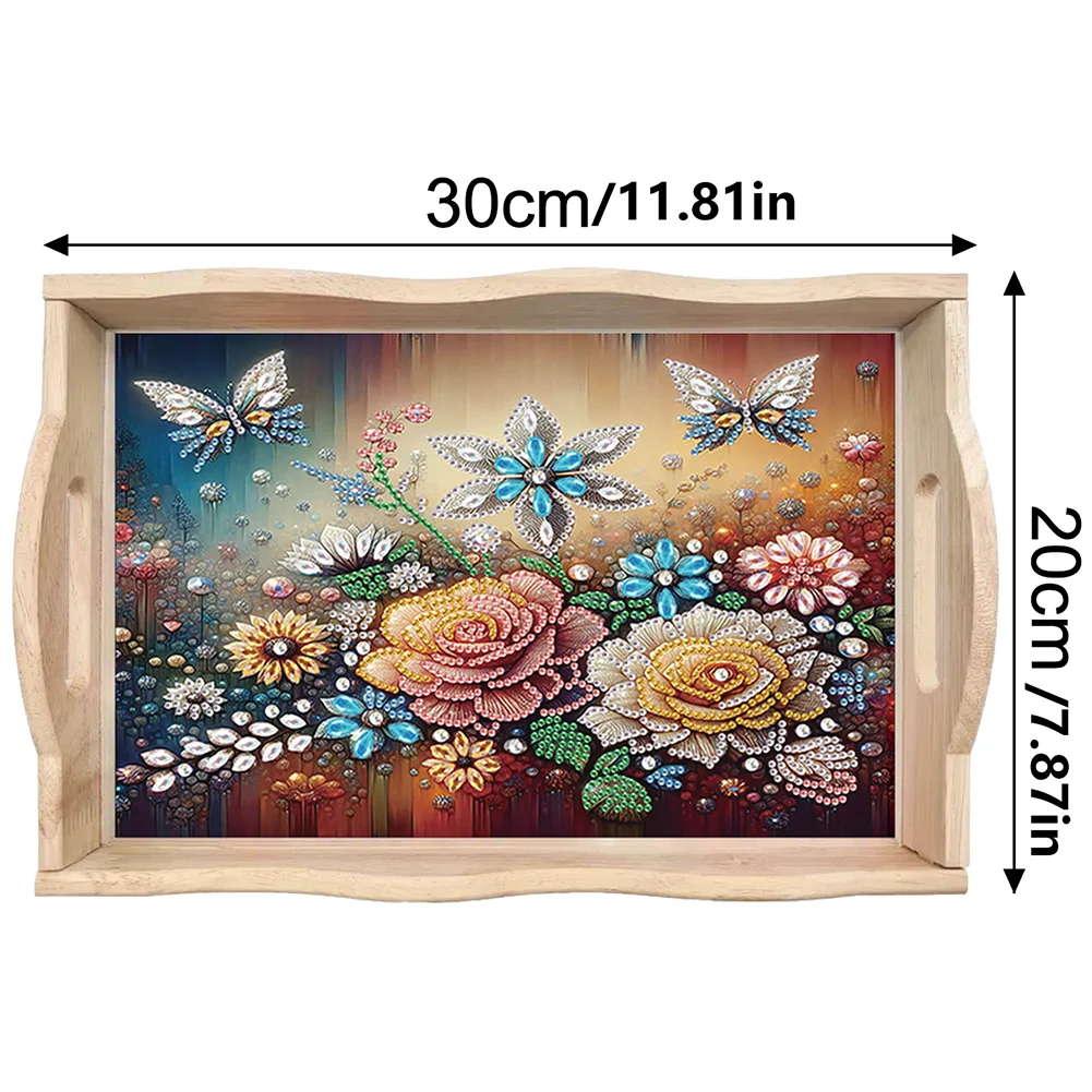 5D DIY Flower Butterfly Diamond Painting Wooden Serving Tray with Handle for Desk