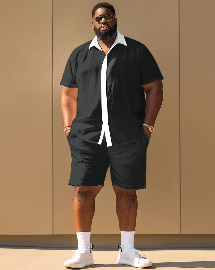 Men's Plus Size Simple Contrast Short-sleeved Shirt And Shorts Set