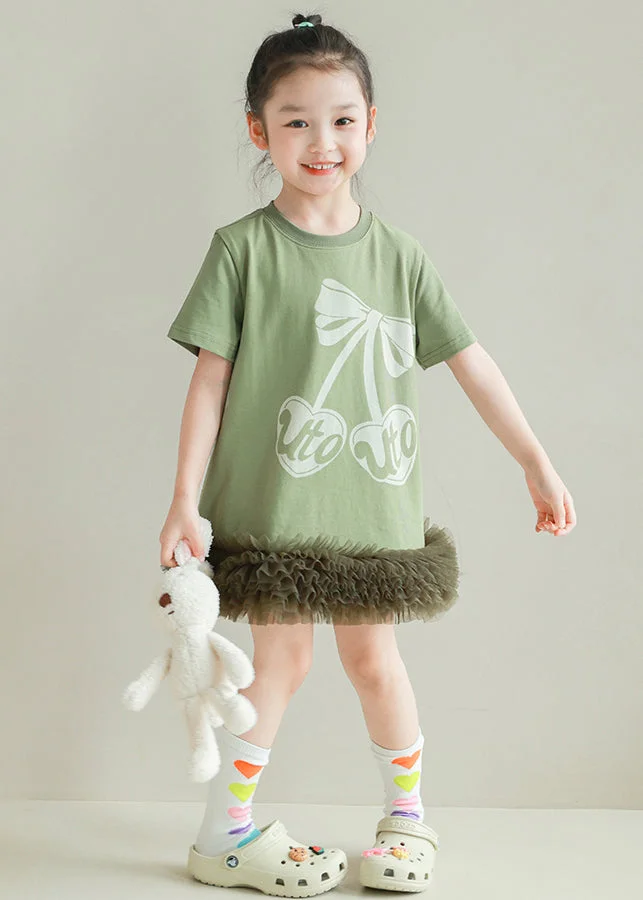 Cute Green O Neck Tulle Patchwork Girls T Shirt Dress Short Sleeve