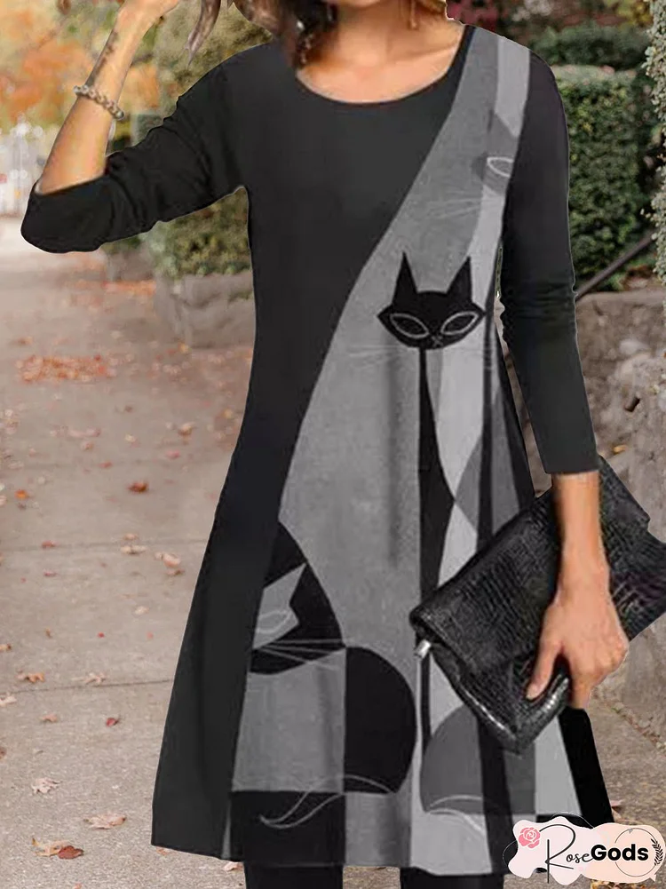 Casual Crew Neck Color Block Abstract Design Dresses