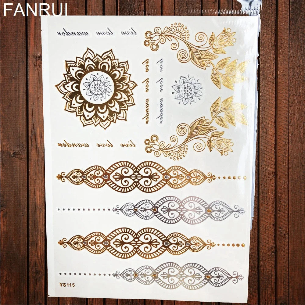 Golden Metallic Bracelet Temporary Tattoo Henna Mandala Flower Girl Tattoo Stickers Indian Chain Women Arm Flash Fake Tatoos Leg