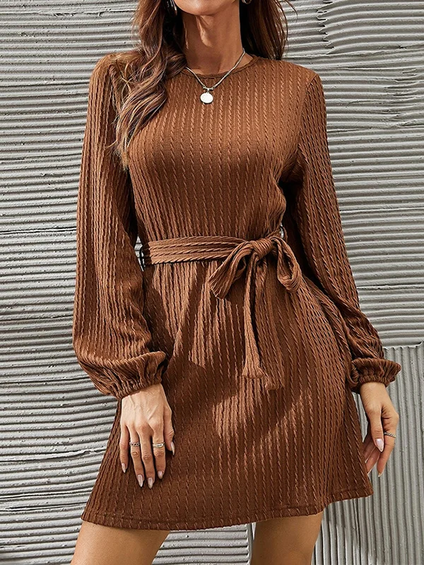 Long Sleeves Loose Hollow Solid Color Tied Waist Round-Neck Mini Dresses