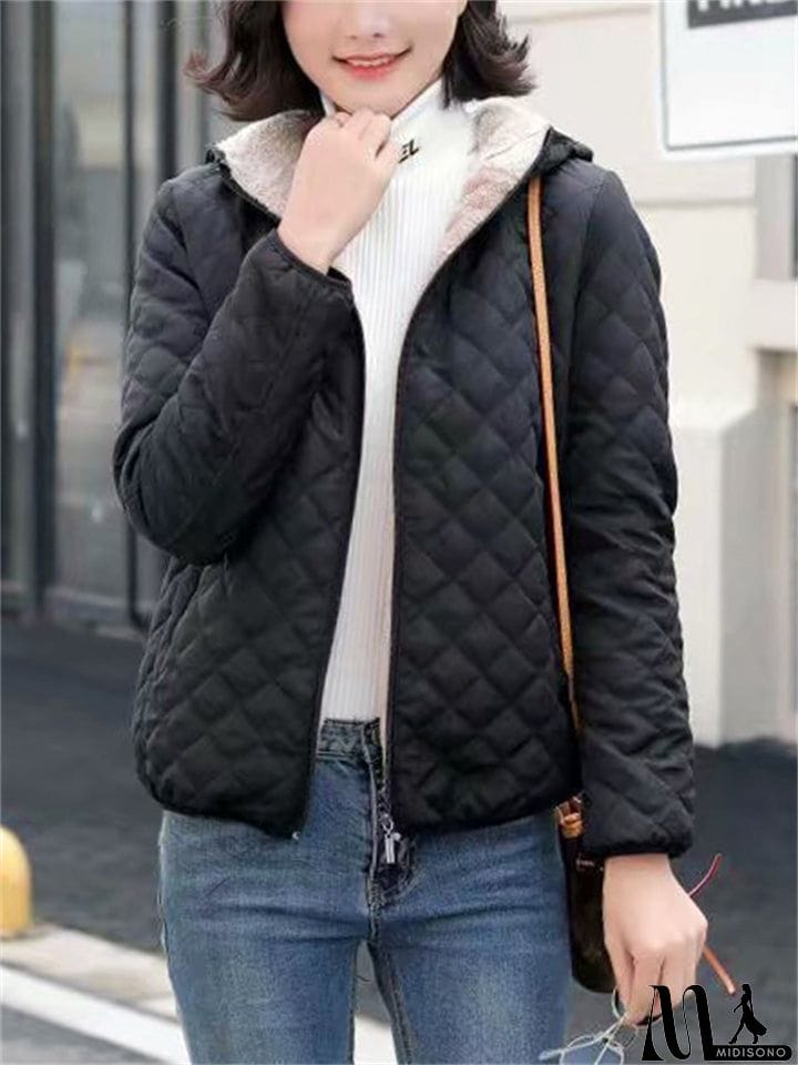 MidiSono - Women's Sports Style Solid Color Plush Liner Short Coat with Hood
