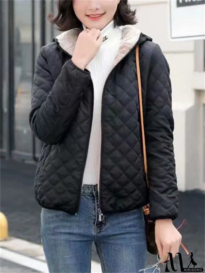 MidiSono - Women's Sports Style Solid Color Plush Liner Short Coat with Hood