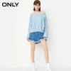 ONLY Brand 2018 NEW summer cotton67% casual solid color slah neck asymmetrical hem tops women denim shirts |117362502