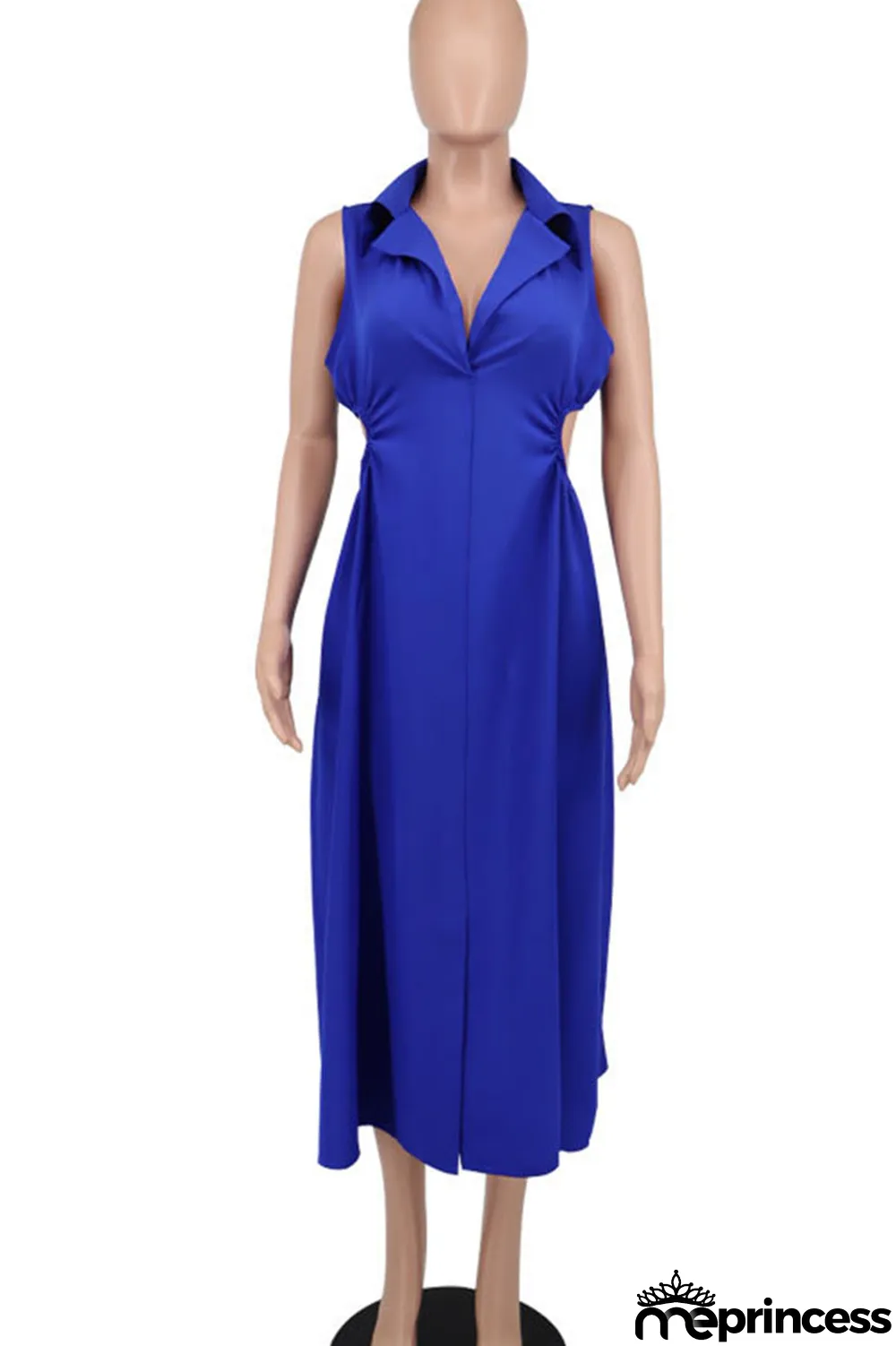 Blue Sexy Solid Hollowed Out Patchwork V Neck A Line Dresses