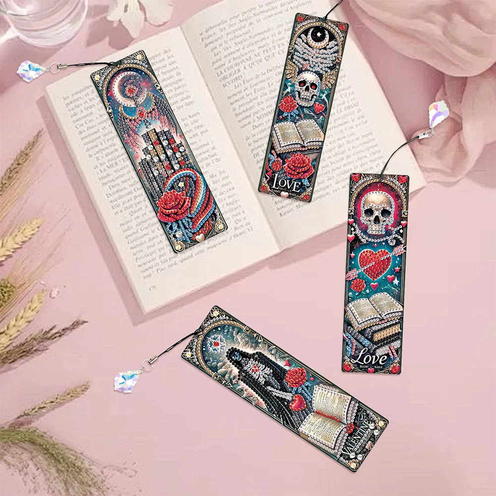 4Pcs Skull Heart Themed DIY Diamond Painting Bookmark for Reading Enthusiasts