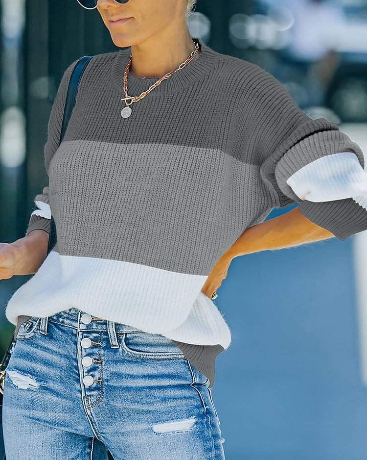 Colorblock Rib-Knit Round Neck Sweater - Shop Trendy Women's Clothing | LoverChic