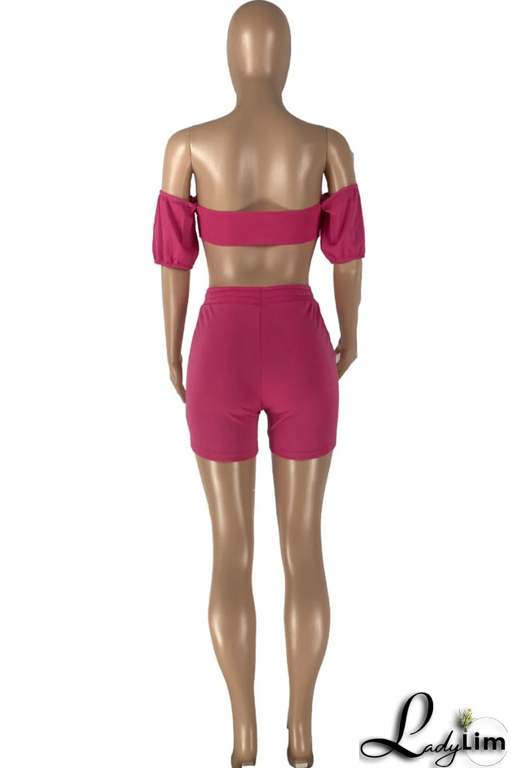 Rose Red Sexy Casual Solid Backless Off the Shoulder Short Sleeve Two Pieces