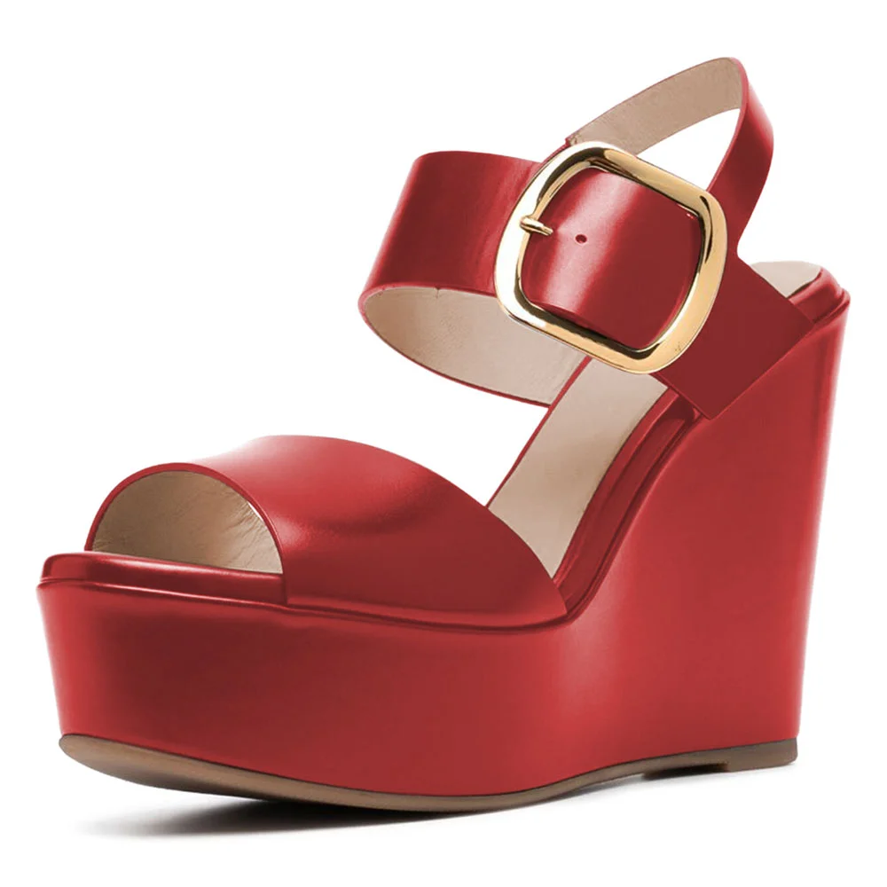 Red Round Toe Platform Ankle Strappy Wedge Sandals for Women
