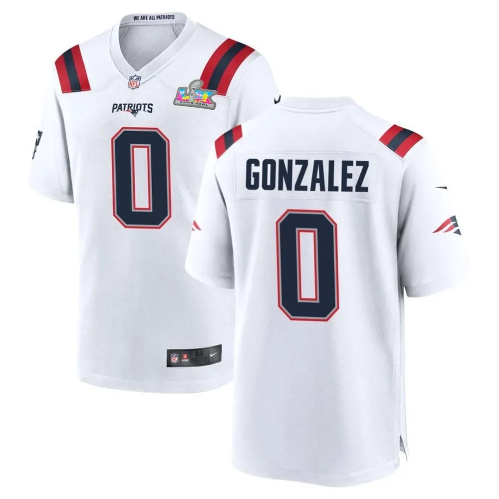 Youth New England Patriots #0 Christian Gonzalez White Super Bowl LX Patch Game Jersey