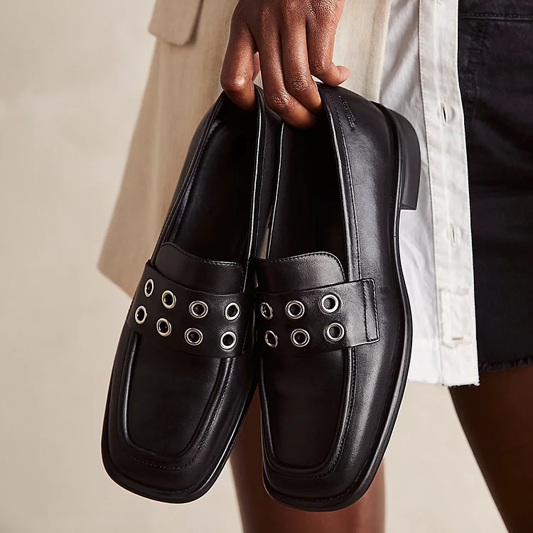 Black Square Toe Women's Loafers Circle Design Vintage Flat Shoes |FSJ Shoes