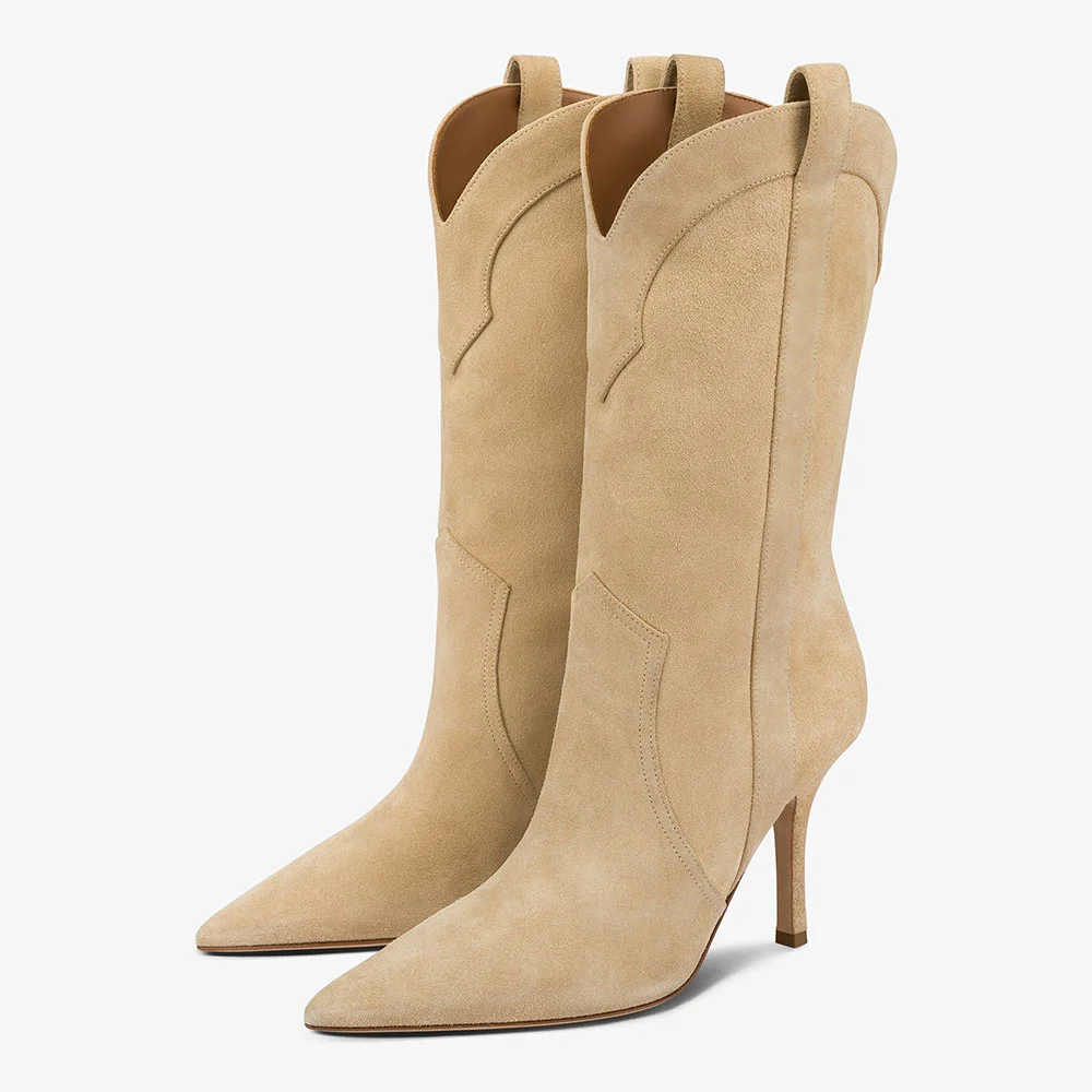 Khaki Vegan Suede Pointed Toe Stiletto Heel Western Boots for Women