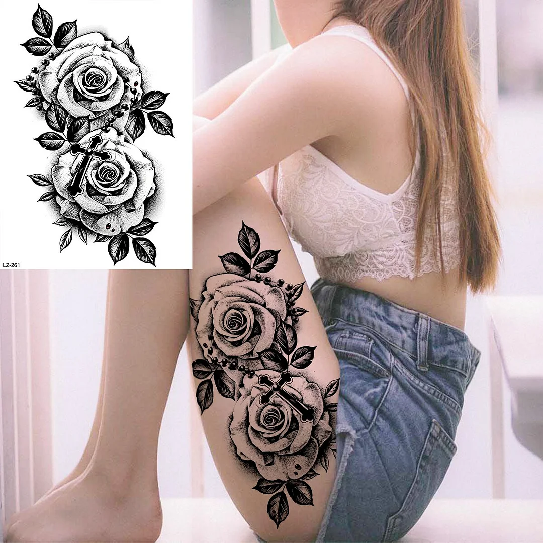 Sdrawing Large Rose FLower Temporary Tattoos For Women Adults Henna Skull Compass Snake Flower Fake Tattoo Sticker Leg Tatoos Thigh