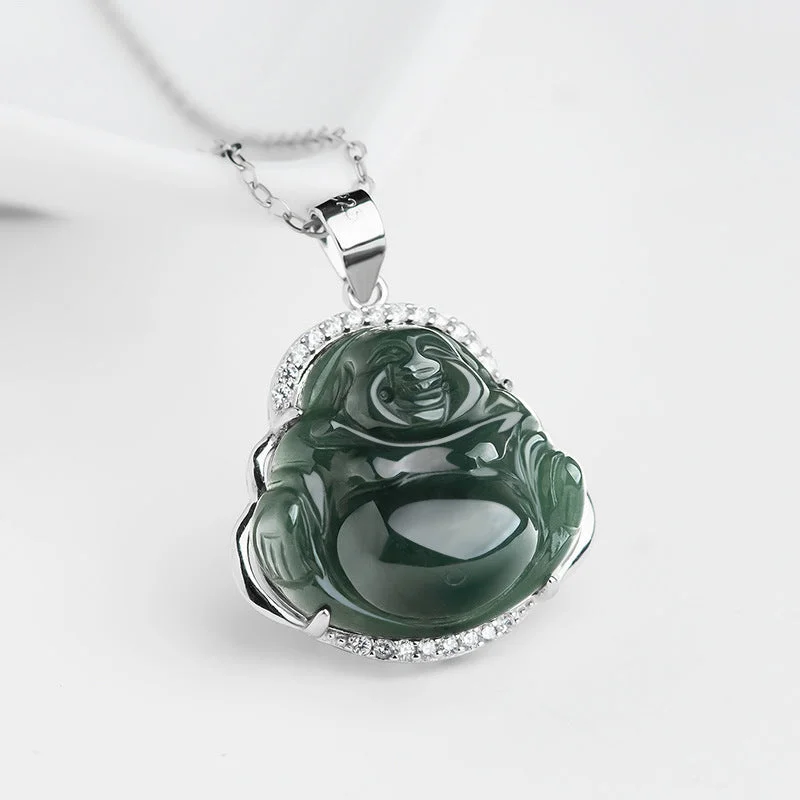 Laughing Buddha 925 Sterling Silver Cyan Jade Luck Necklace Pendant