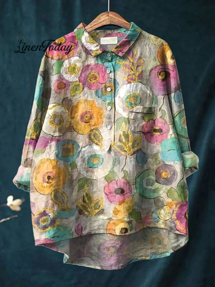 Women’s Flower Print Casual Cotton And Linen Shirt Multicolor / S