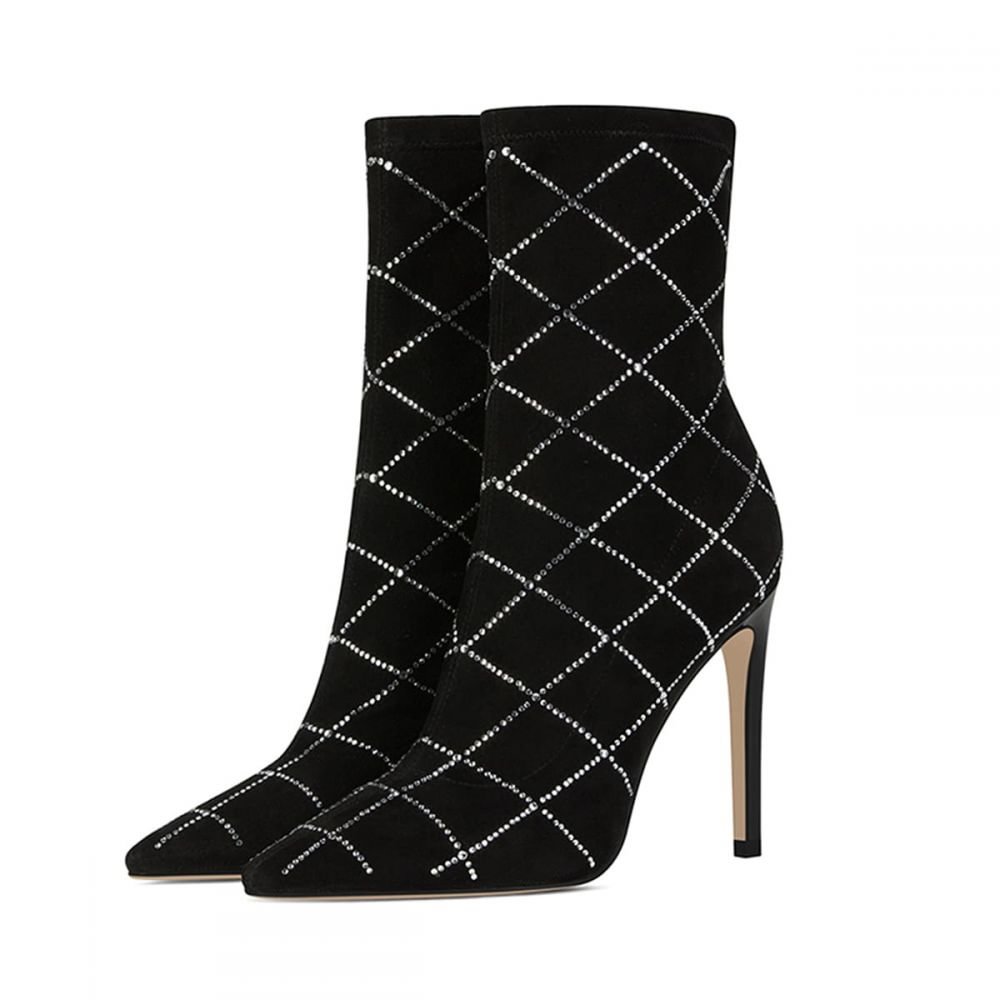 Rhinestone Plaid Ankle Boots Pointy Toe Stiletto Heel Boots Nicepairs