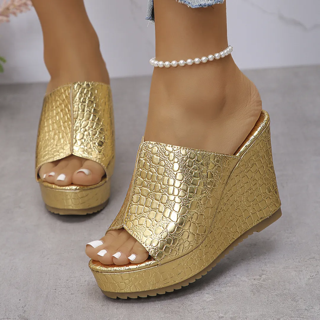 Breakj Breakj Summer New Golden Fish Mouth Toe-Word Fashion Large-Size Slope And Cold Slippers
