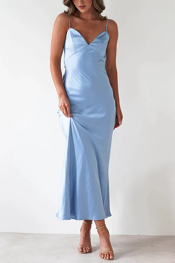 Satin Elegant Sling Backless Lace-Up Midi Dress