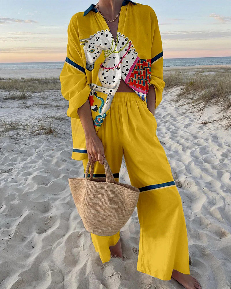 Yellow Horse Print Two-Piece Set