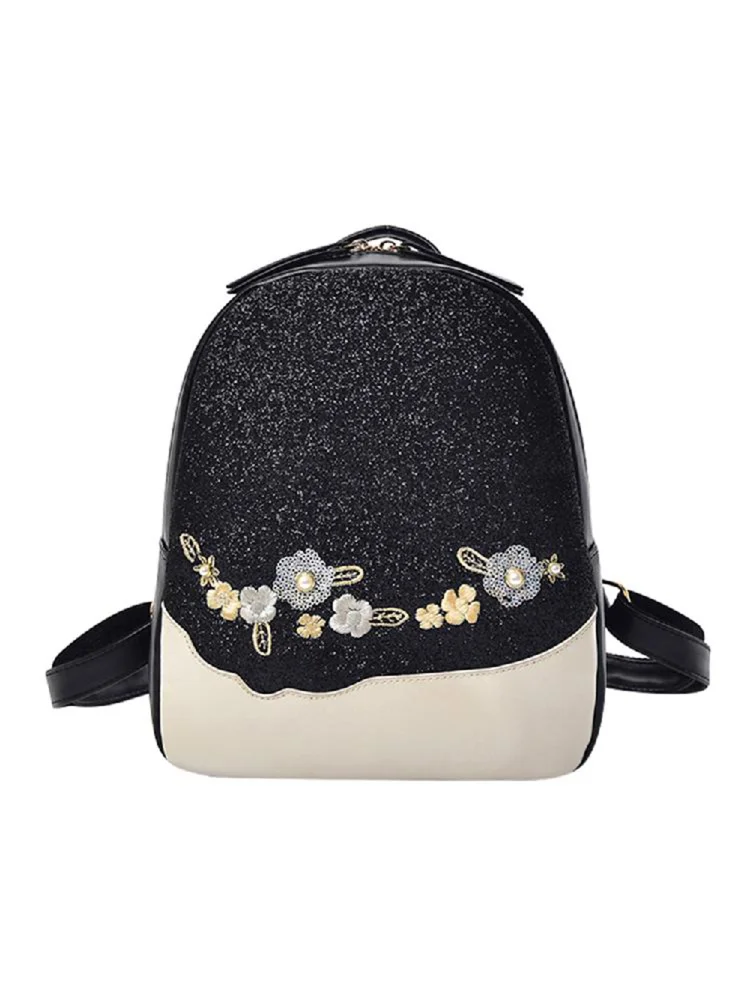 Glitter Shining Sequins Backpack Women Floral Travel School Bags (Black)