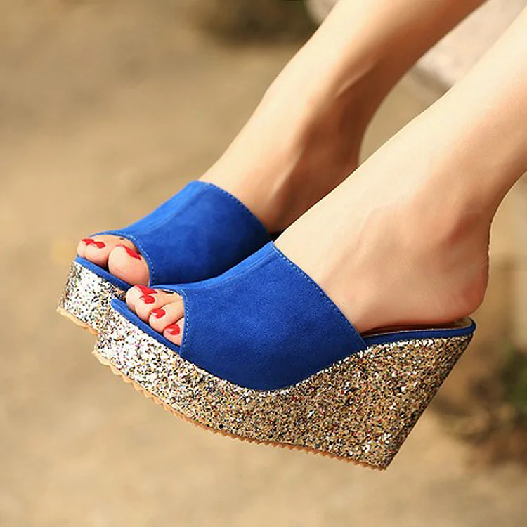 Royal Blue Glitter Peep Toe Platform Wedge Mule Sandals Vdcoo