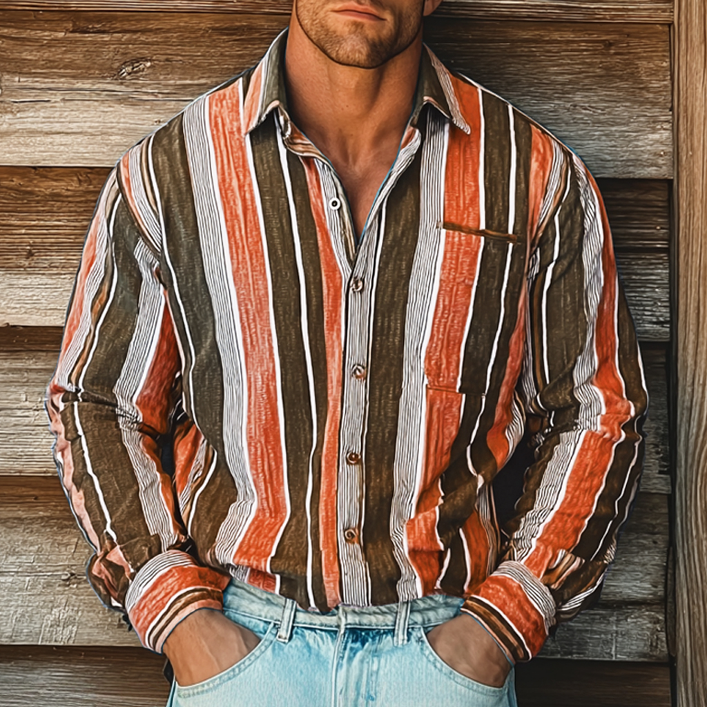 Men's Retro Colorblock Casual Striped Print Loose Long Sleeve Shirt