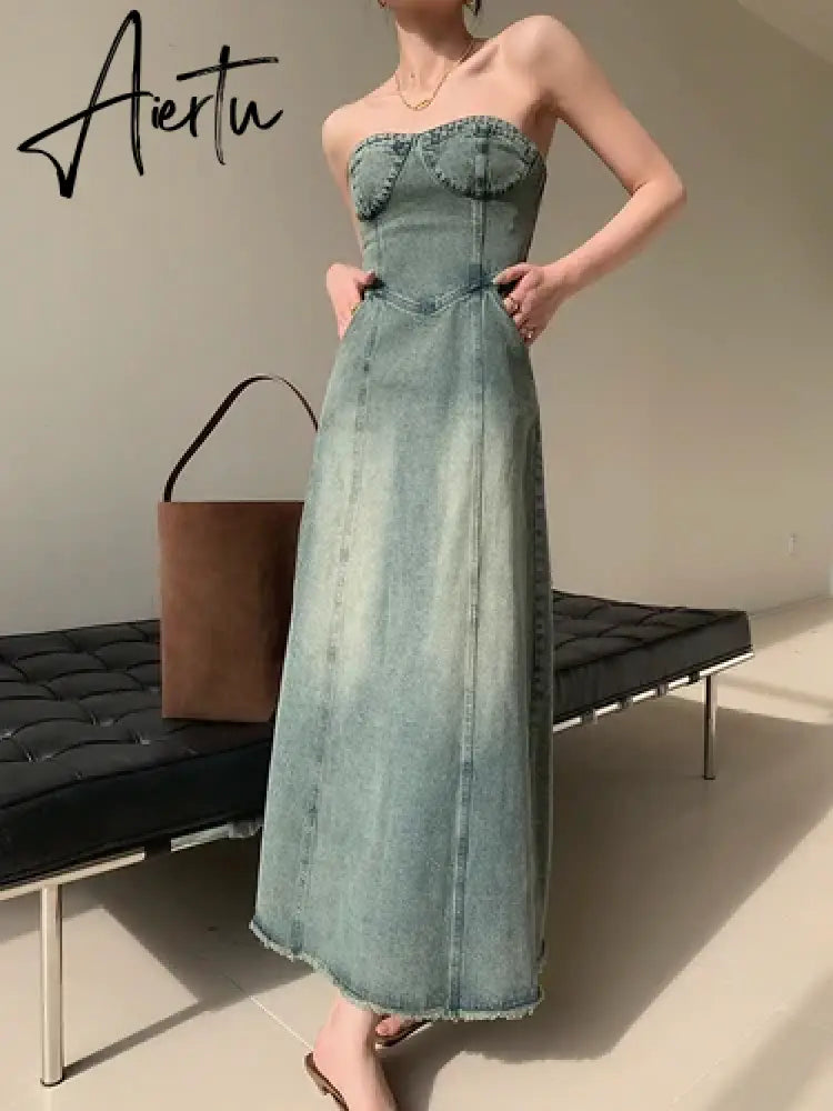 Aiertu Vintage Elegant Party Midi Dress Women Korean Style Denim Strapless Dress A-line Temperament Sexy Streetwear Designer Dress Aiertu