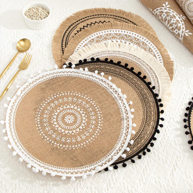 INS Jute Round Placemats Boho Tassels Table Mats Heat Insulation Pads Coffee Cup Mat Rustic Farmhouse Kitchen Decor Photo Props
