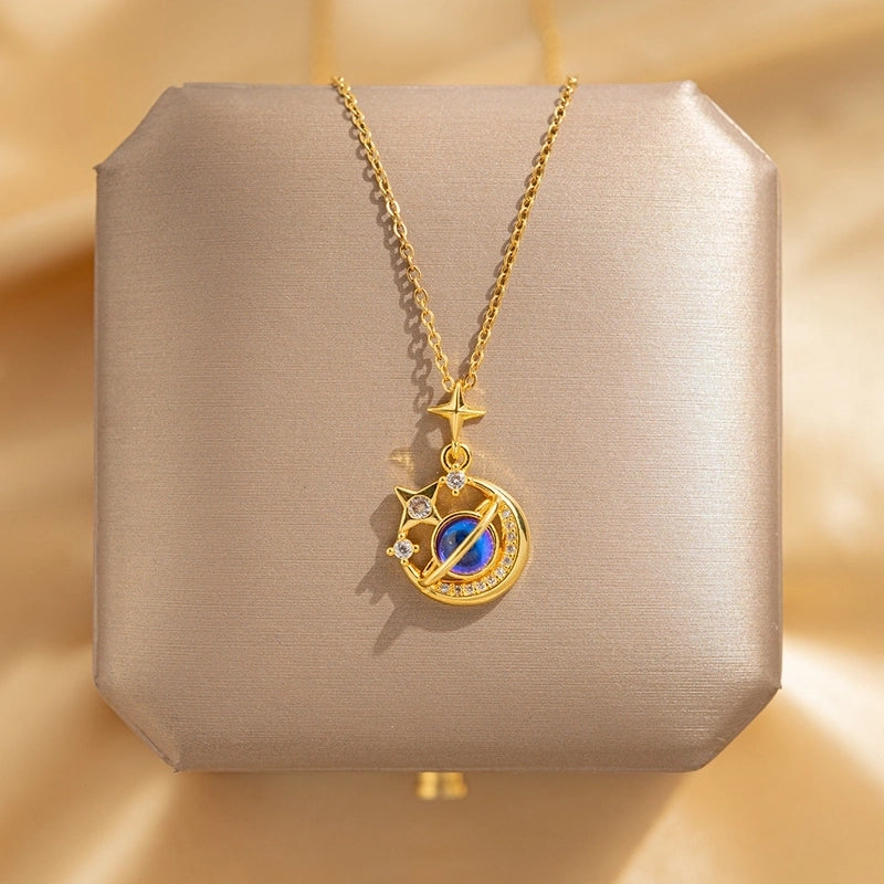 Minimalist Star Planet Titanium Steel Copper Plating Inlay Zircon Pendant Necklace