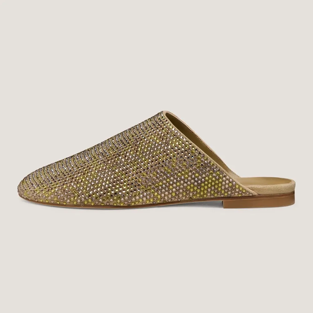 Olive Vegan Suede Slip On Flat Round Toe Rhinestone Mules for Women