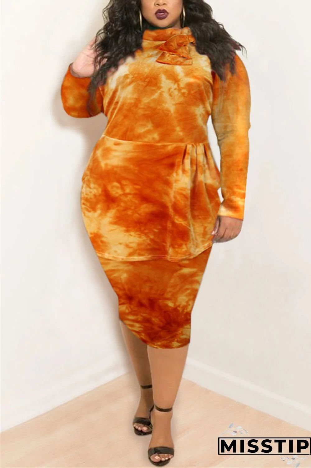 Orange Fashion Casual Plus Size Print Tie Dye Tie-dye Turtleneck Printed Dress