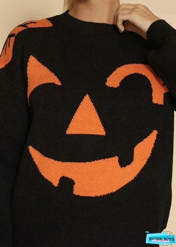 Smiling Face Patchwork Knit Top O Neck Long Sleeve