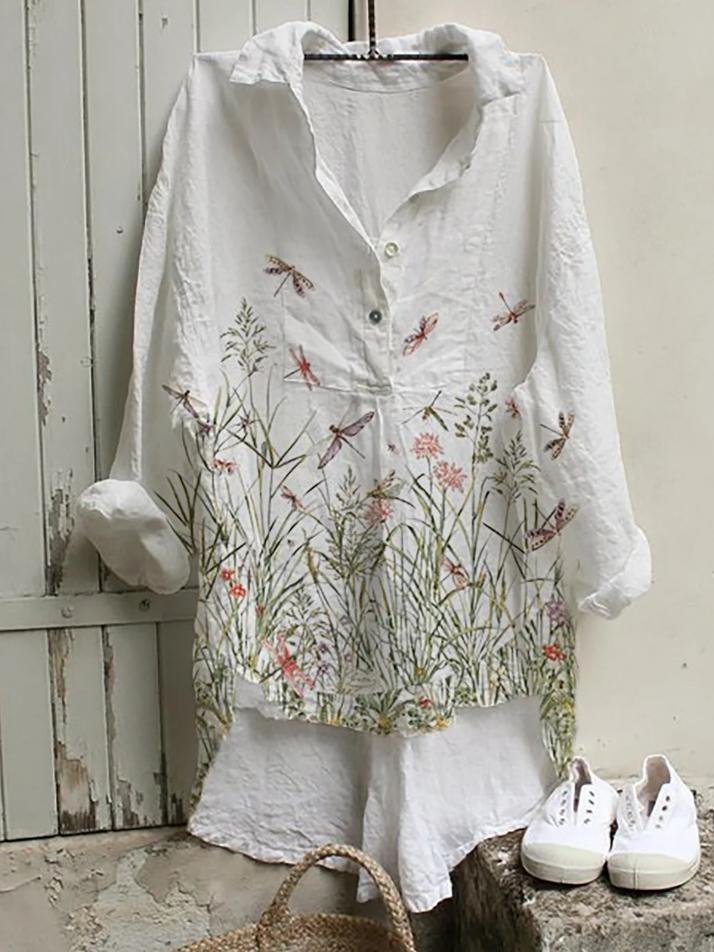 Retro Flower Print Casual Long-Sleeved Shirt