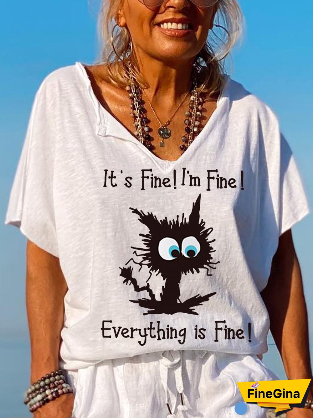Women's It's Fine I'm Fine Everything Is Fine Funny Cat V-Neck Tee