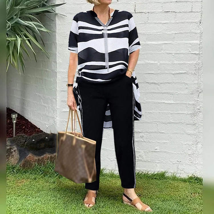 Ladies Fashion Printed Blouse And Trousers Two-piece Set