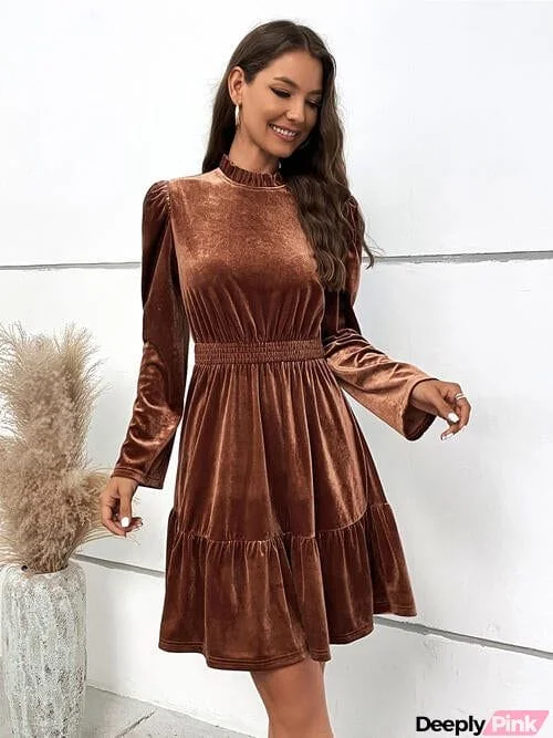 Smocked Long Sleeve Ruffle Hem Dress