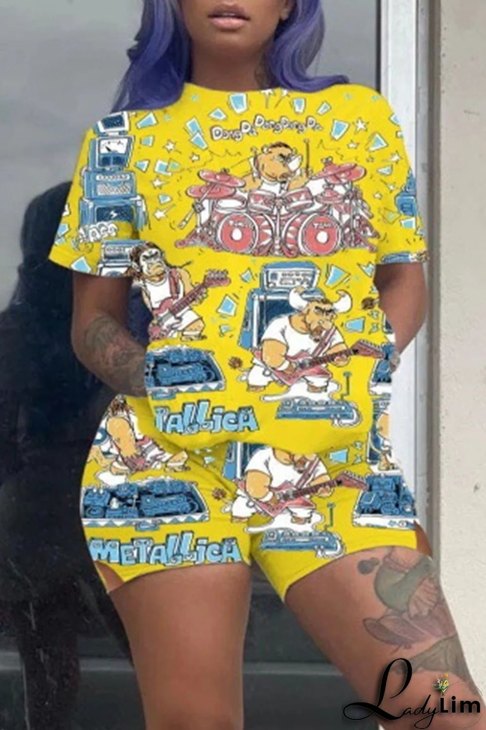 Green Street Print Patchwork O Neck Short Sleeve Two Pieces