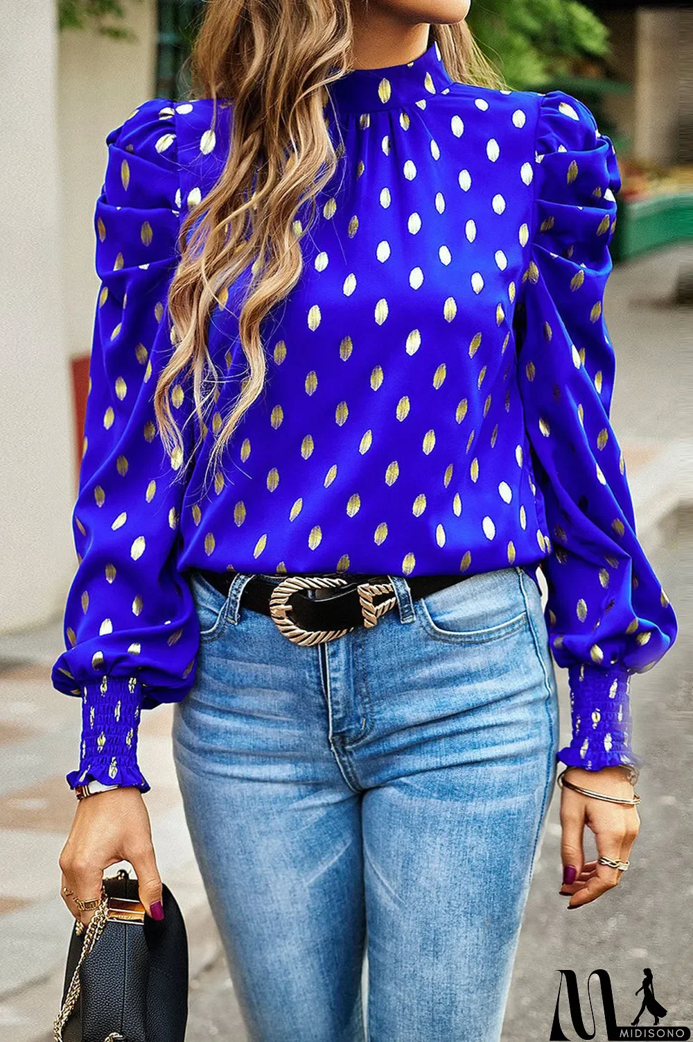 MidiSono - Elegant Polka Dot Fold Half A Turtleneck Tops